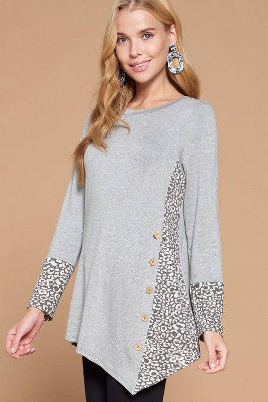 Grey Side Button Tunic Top: Heather Grey