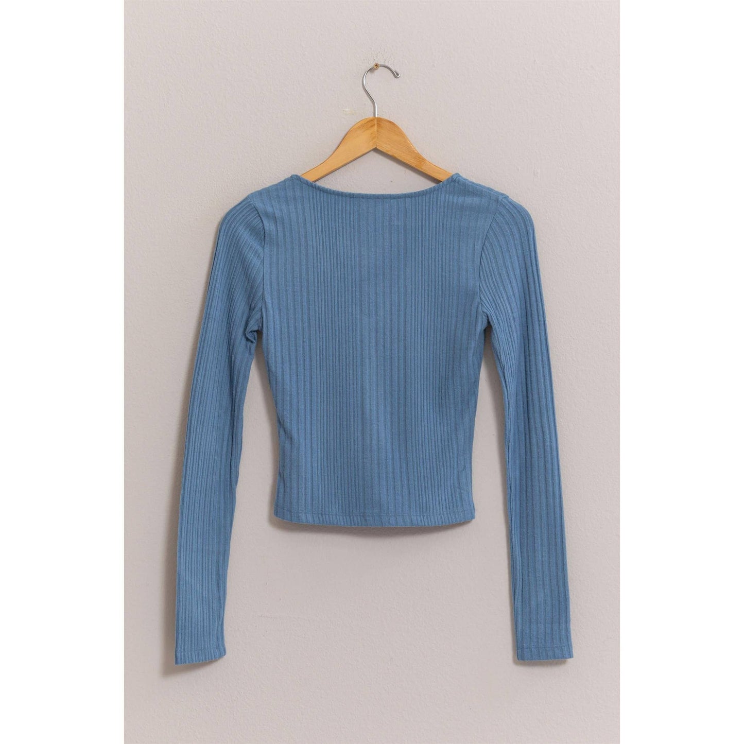 Blue Ribbed Button-Front Top