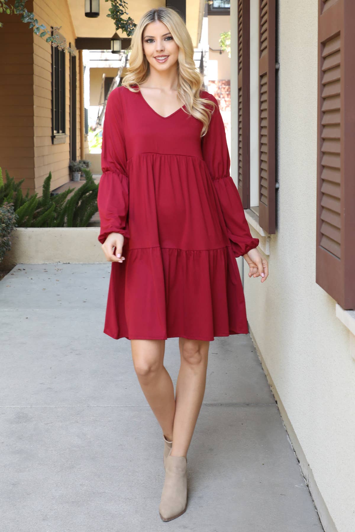 Wine SOLID V-NECK ELASTIC DETAIL SLEEVE TIERED DRESS