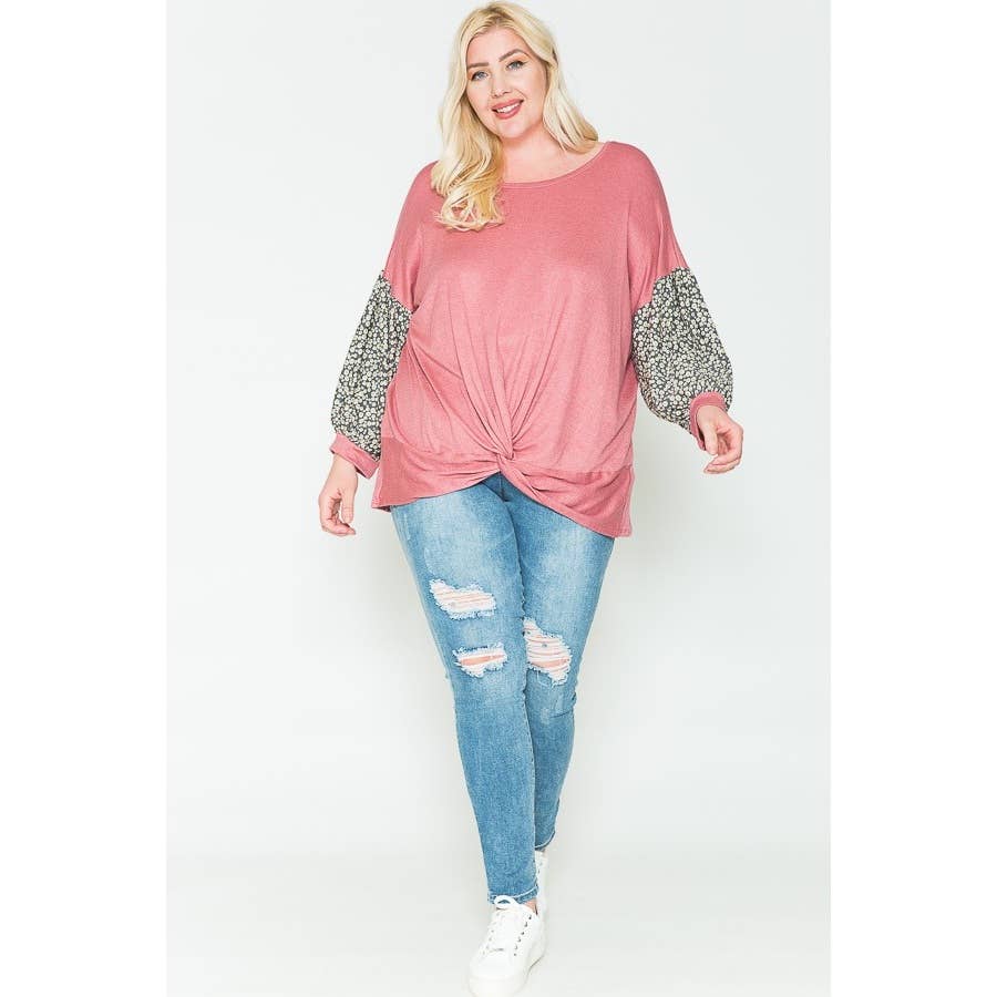 Plus Size Floral & Solid Color Blocked Top -Valentine/Spring