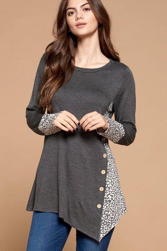 Grey Side Button Tunic Top: Heather Grey