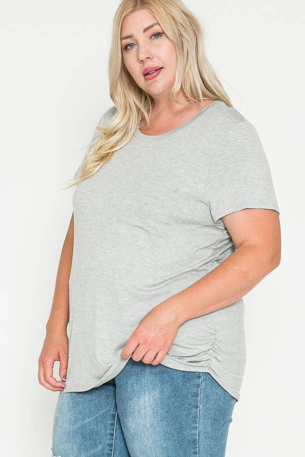 Plus Size Round Neck Solid Basic Side Shirring Blouse Top