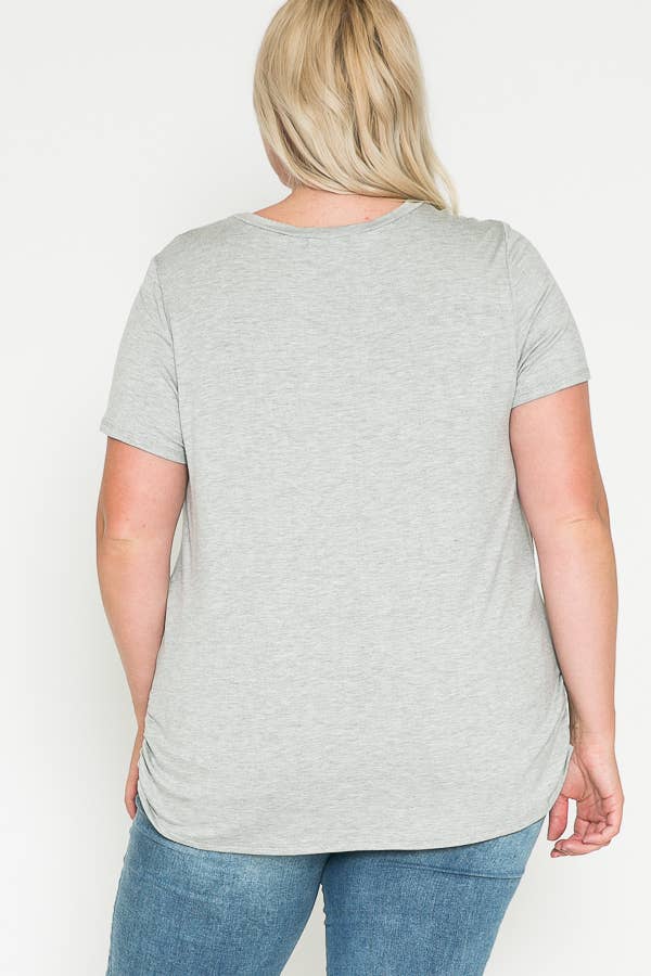 Plus Size Round Neck Solid Basic Side Shirring Blouse Top