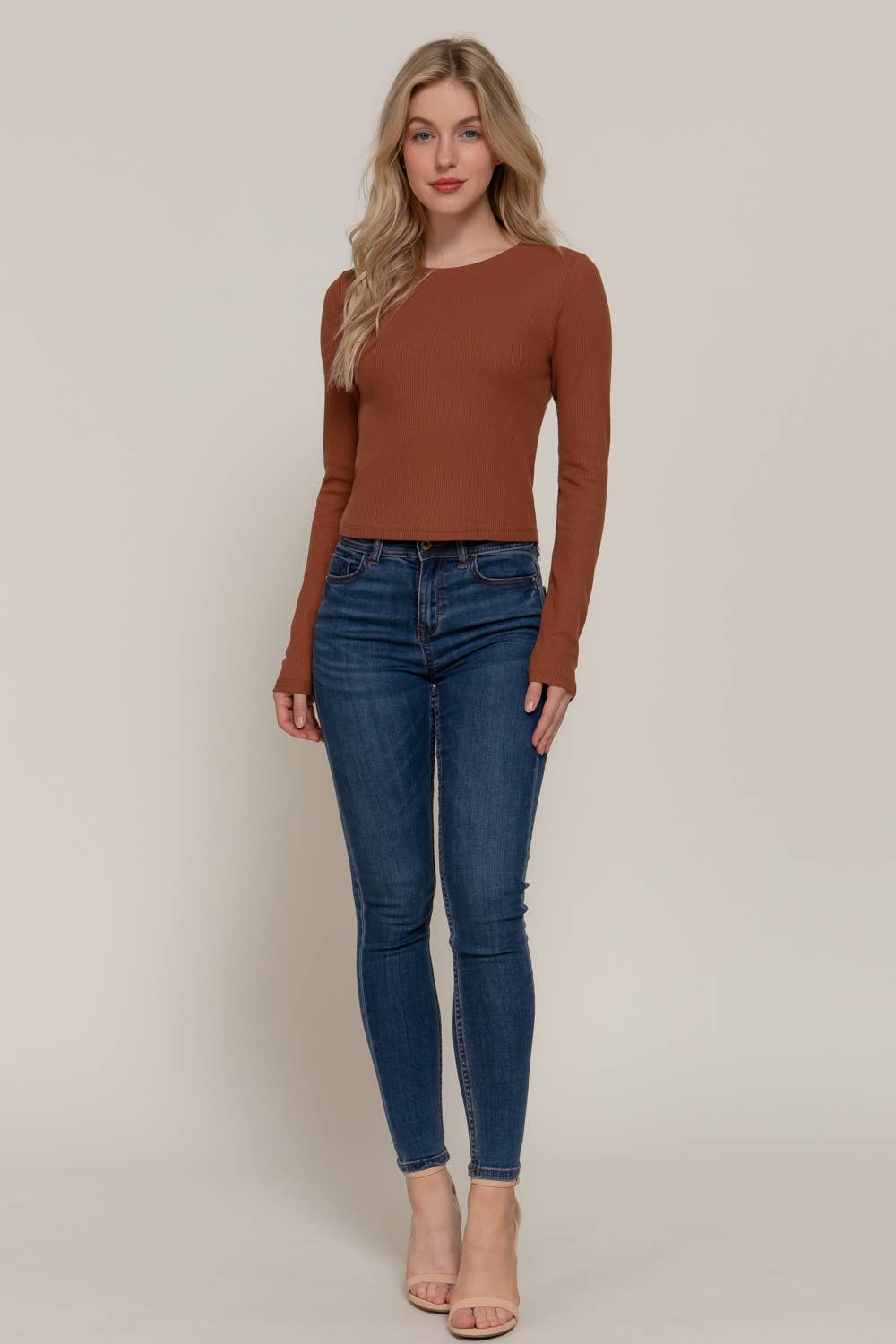 Long Sleeve Crew Neck Thermal Crop Knit Top