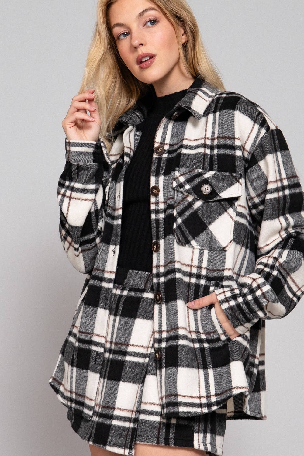 Long Sleeve Wool Blend Plaid Button Down Casual Jacket