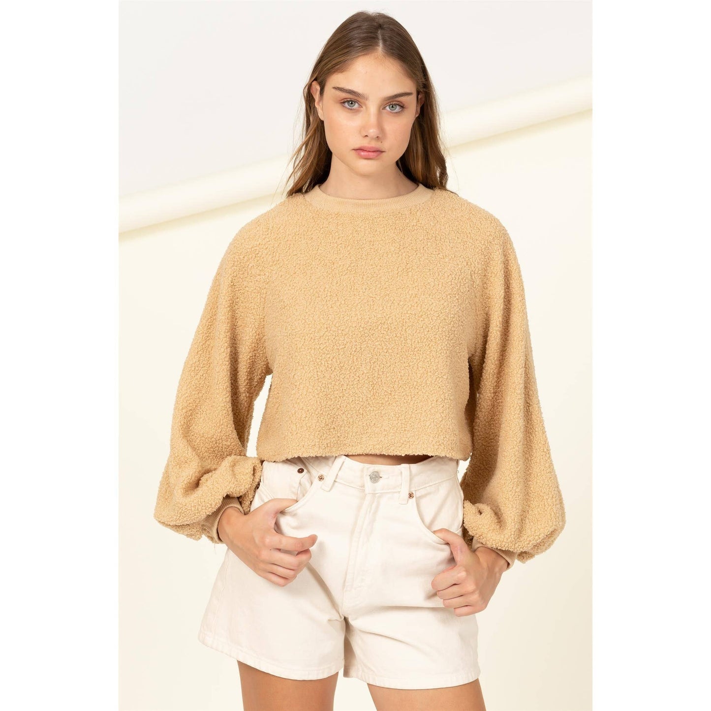 Taupe Raglan Balloon Sleeves Fur Pullover: