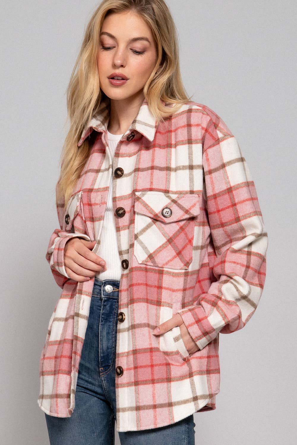 Long Sleeve Wool Blend Plaid Button Down Casual Jacket