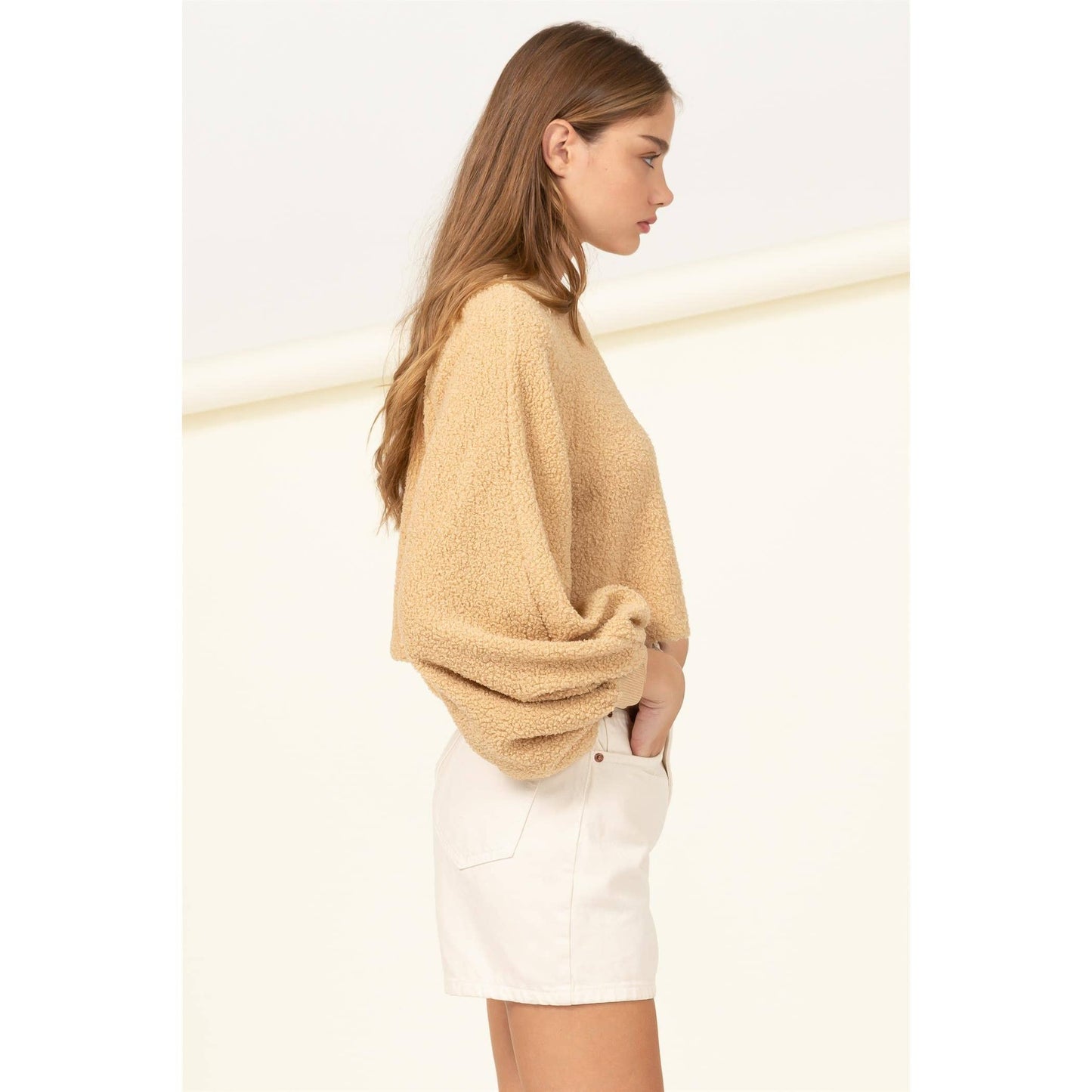 Taupe Raglan Balloon Sleeves Fur Pullover: