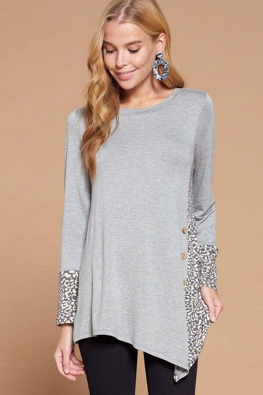 Grey Side Button Tunic Top: Heather Grey