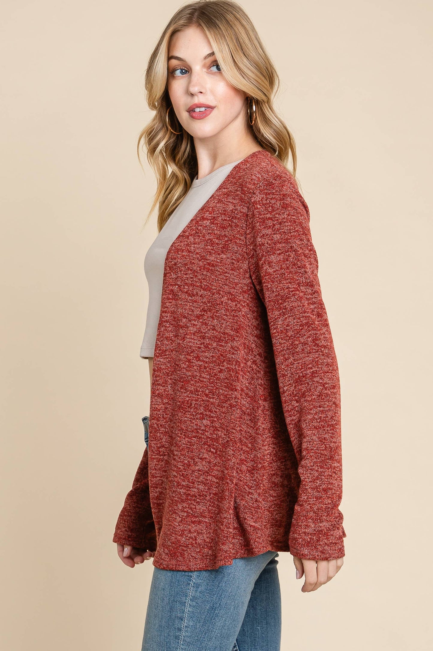 Rust Solid Knit Open Front Cardigan:
