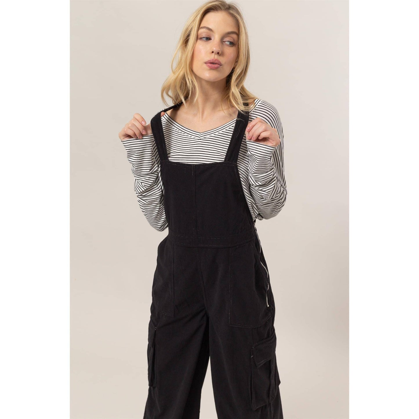 Black Corduroy Cargo Overalls