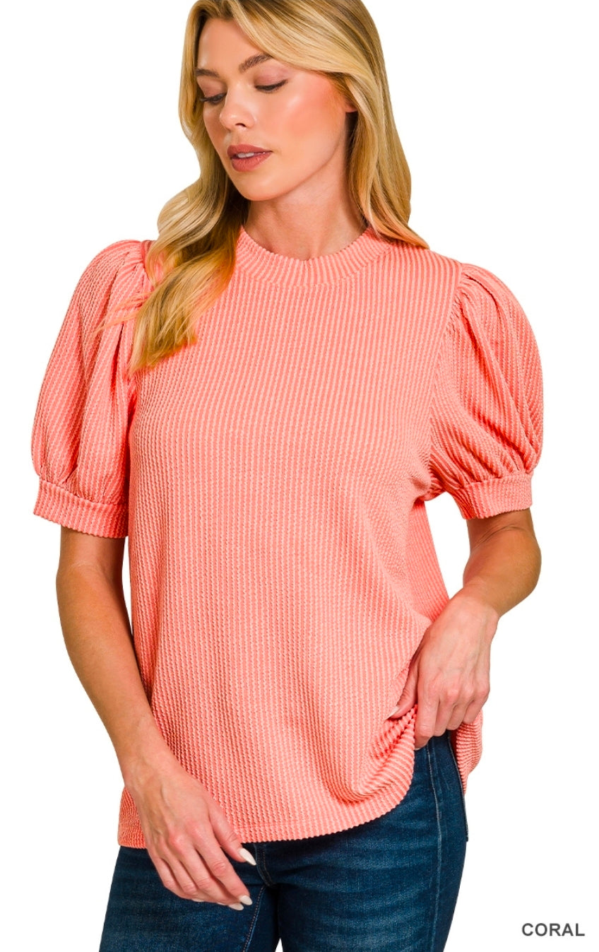Coral rib puff sleeve top