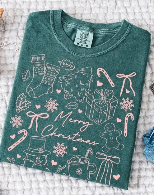 Green/pink Merry Christmas tee