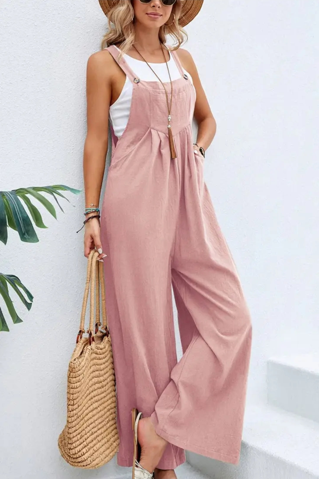 Pink button cotton overalls