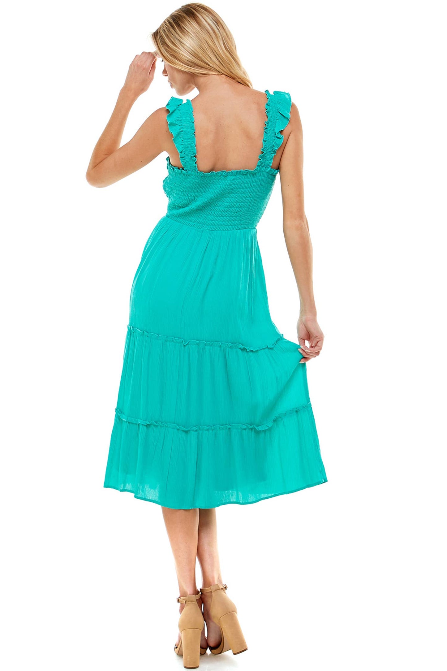 TEAL SMOCKED RUFFLE DRESS