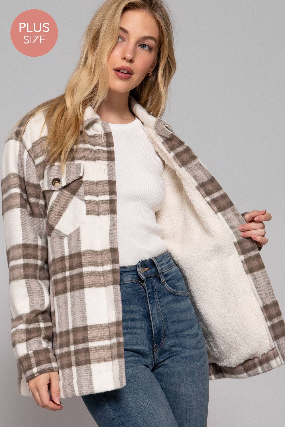 Taupe Inside Faux Fur Brushed Plaid Jacket