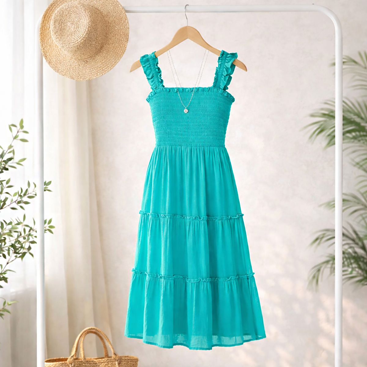 TEAL SMOCKED RUFFLE DRESS