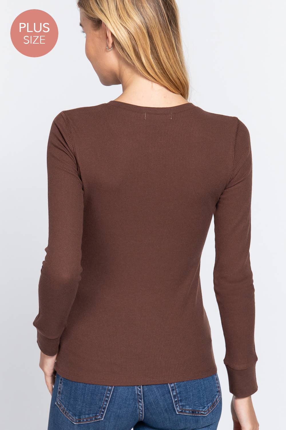 Plus Brown Henley Thermal Knit Top
