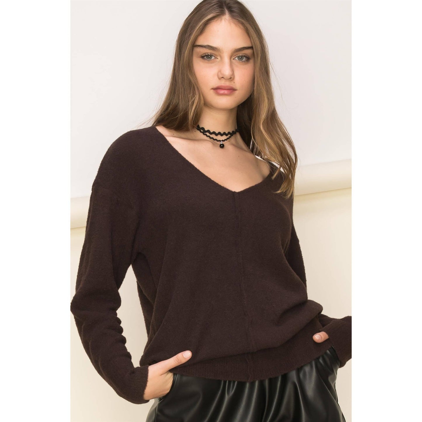 Brown V Neck Long Sleeve Sweater: BROWN SUGAR