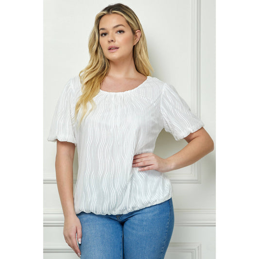PLUS SIZE WAVE CORD MESH BUBBLE SLEEVE PLEATS TOP