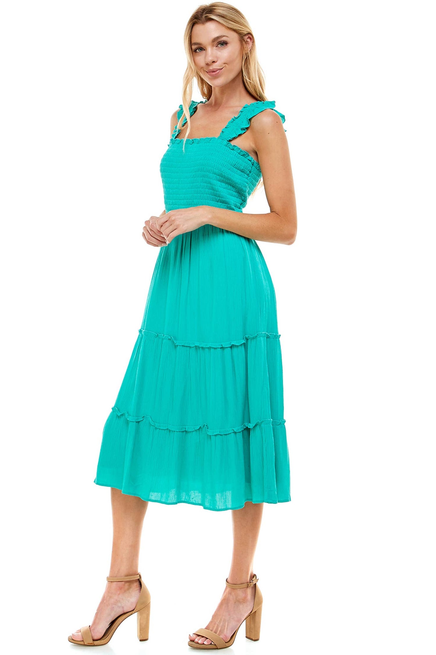 TEAL SMOCKED RUFFLE DRESS