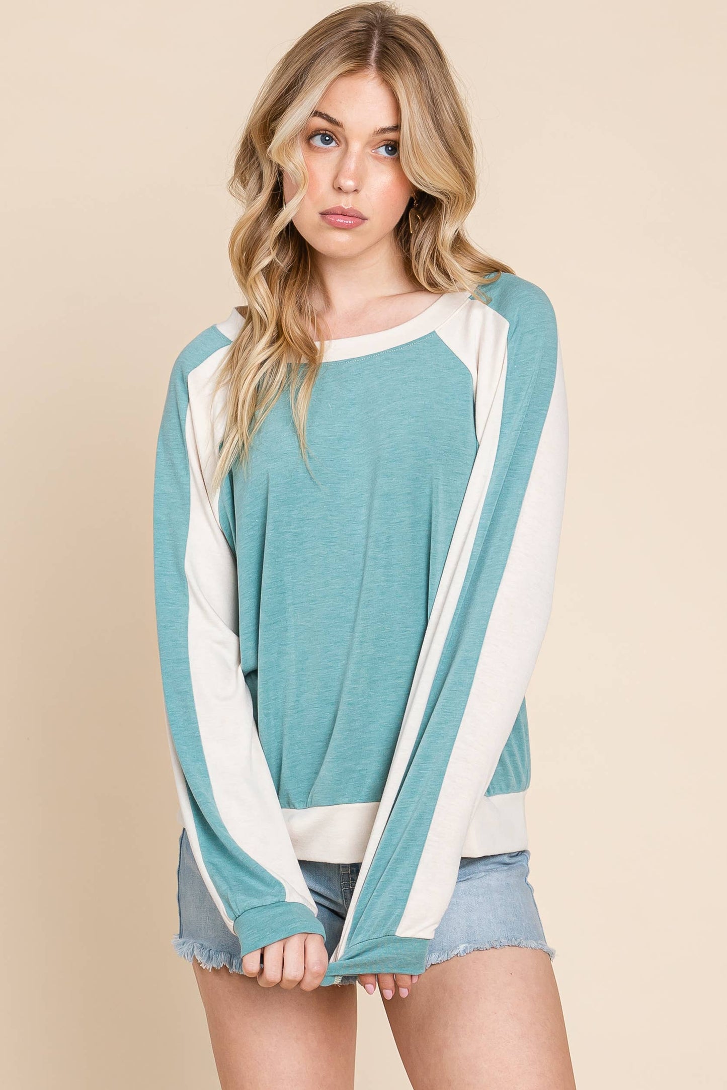 Plus Blue Contrast Solid Long Sleeve Top