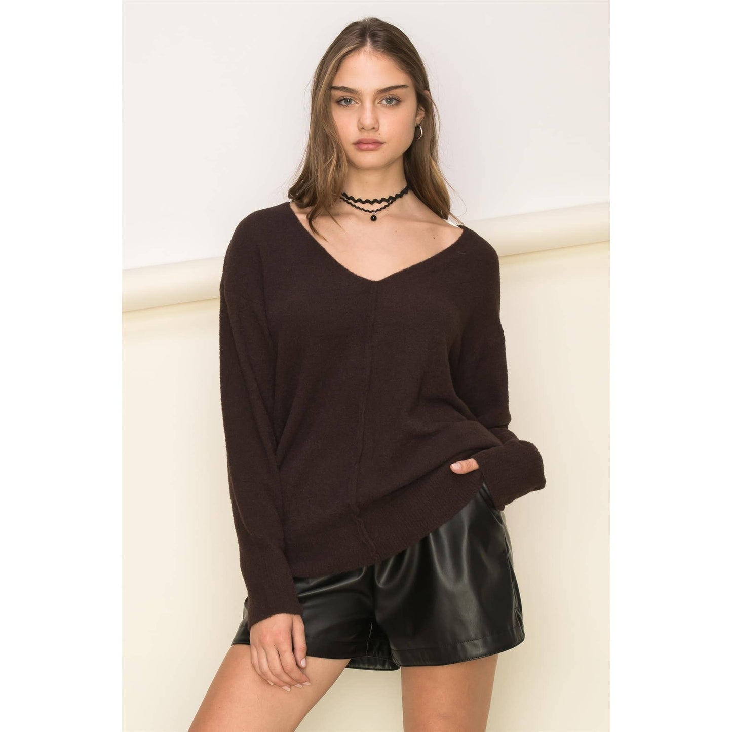 Brown V Neck Long Sleeve Sweater: BROWN SUGAR