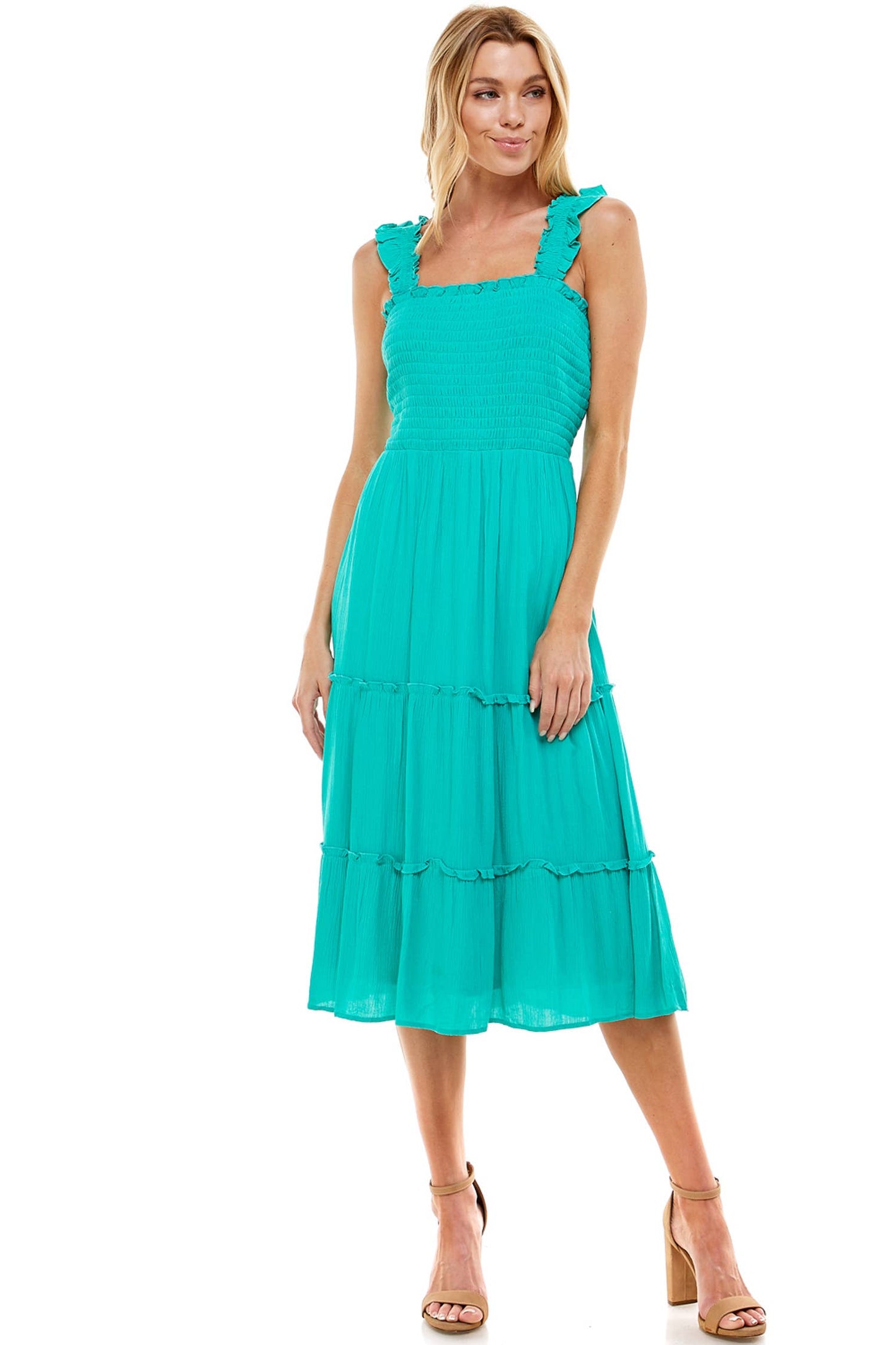 TEAL SMOCKED RUFFLE DRESS