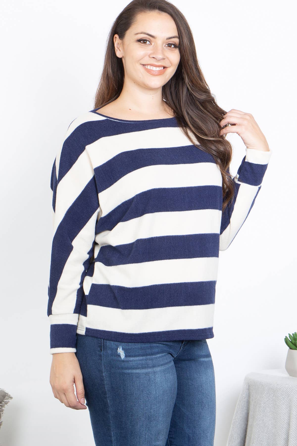 PLUS SIZE BLUE and White STRIPES LONG SLEEVE DOLMAN SLEEVE