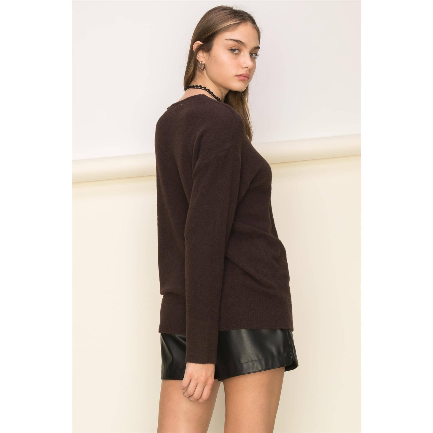 Brown V Neck Long Sleeve Sweater: BROWN SUGAR