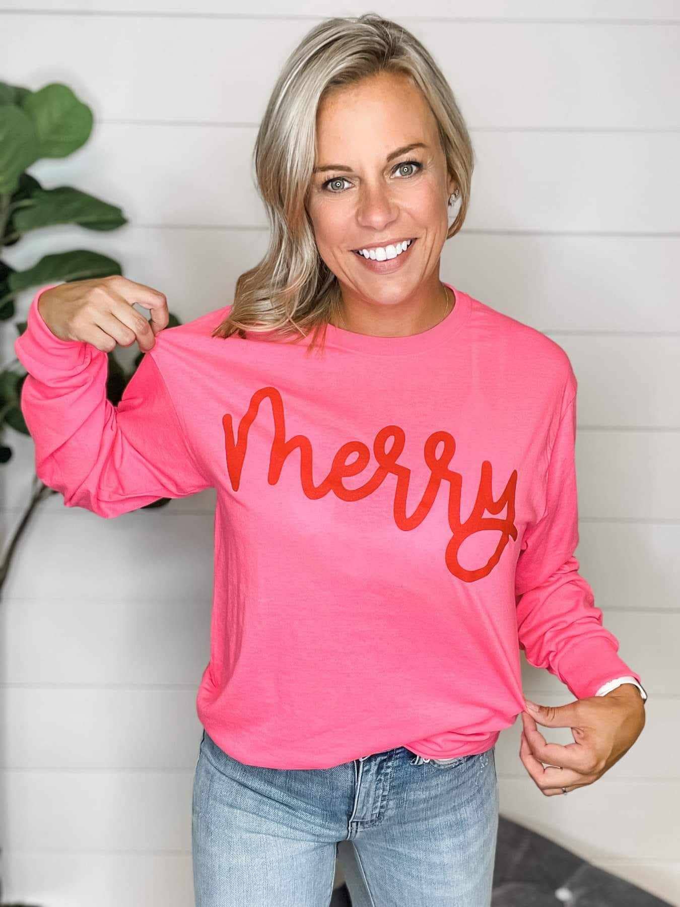 Christmas Neon Pink Merry Script Holiday Grey Graphic Tee