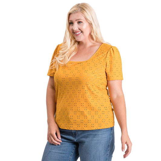 Plus Size Spring Eyelet Solid Knit Top