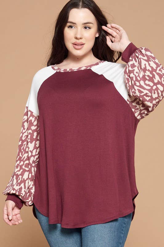 Plus red Size Animal Print Balloon Sleeves top