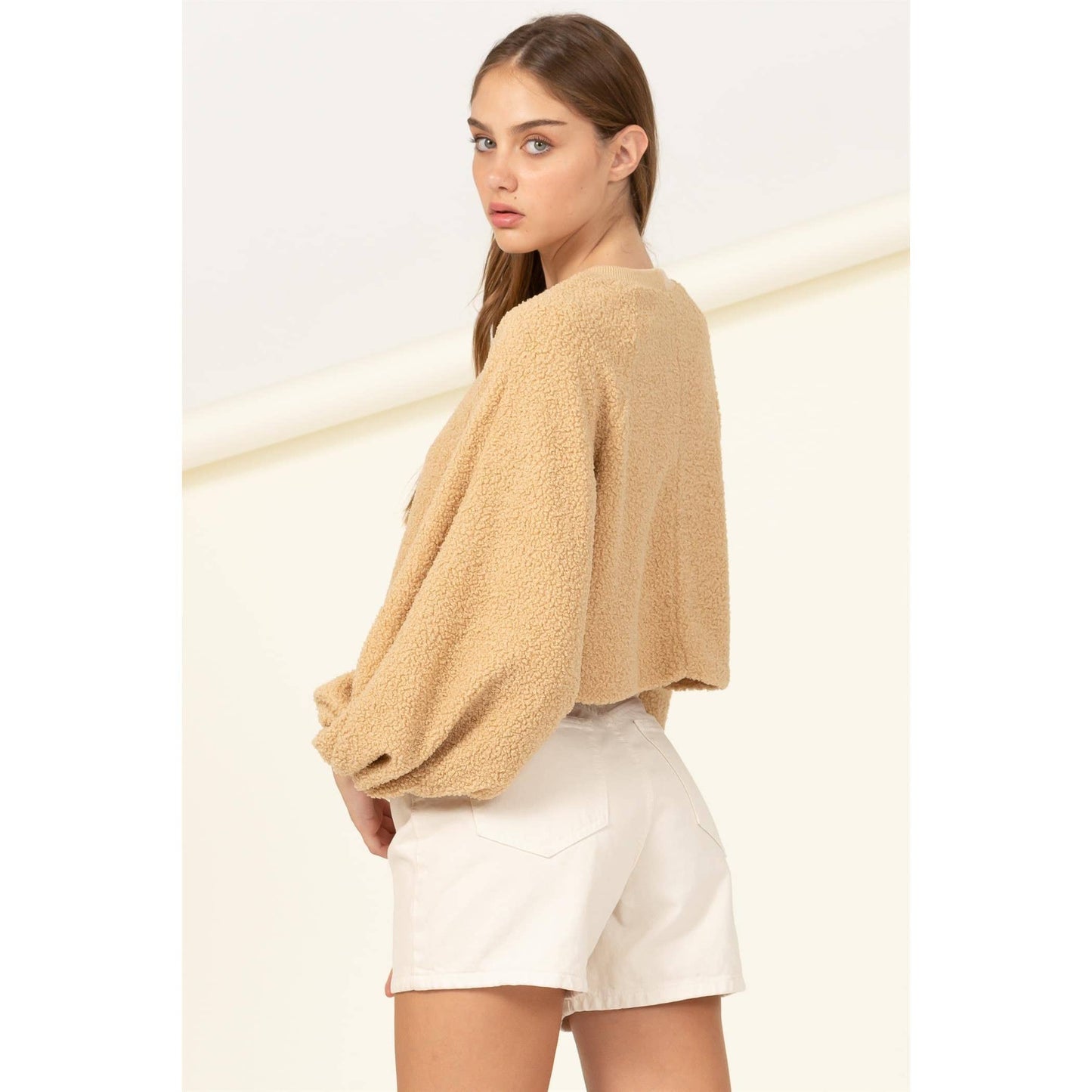 Taupe Raglan Balloon Sleeves Fur Pullover: