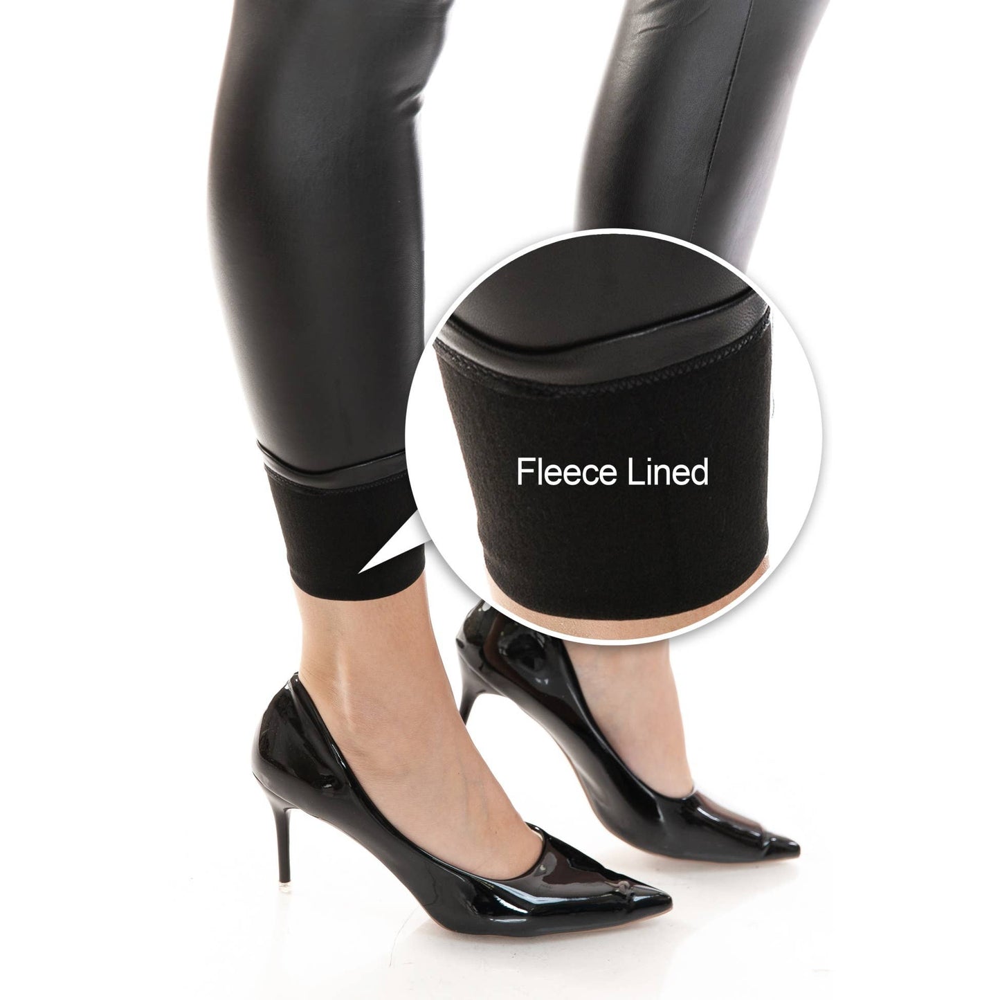 Fleece Lined Faux Leather Leggings: Black / L