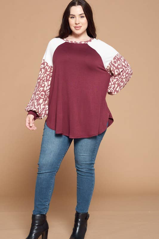 Plus red Size Animal Print Balloon Sleeves top