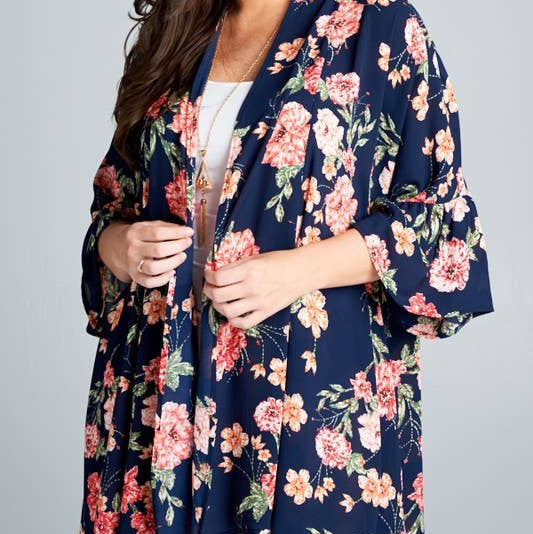 Plus Size Open Front Floral Kimono