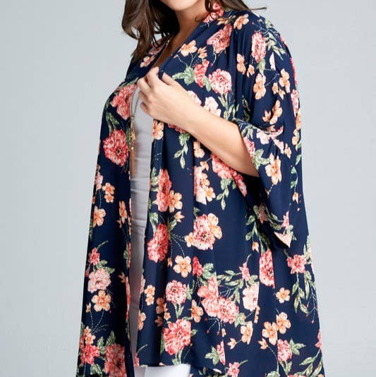 Plus Size Open Front Floral Kimono