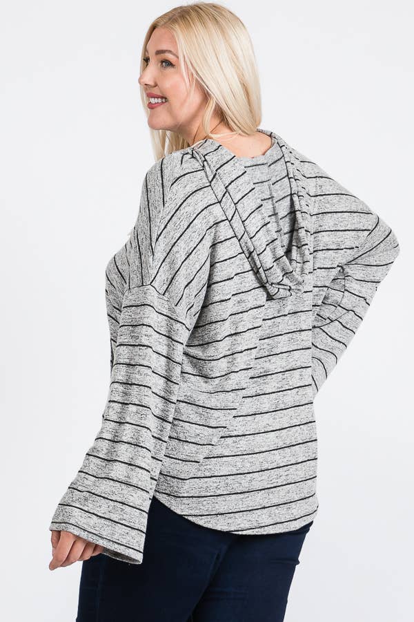 Plus Size V Neck Striped Round Hem Hoodie Basic Top