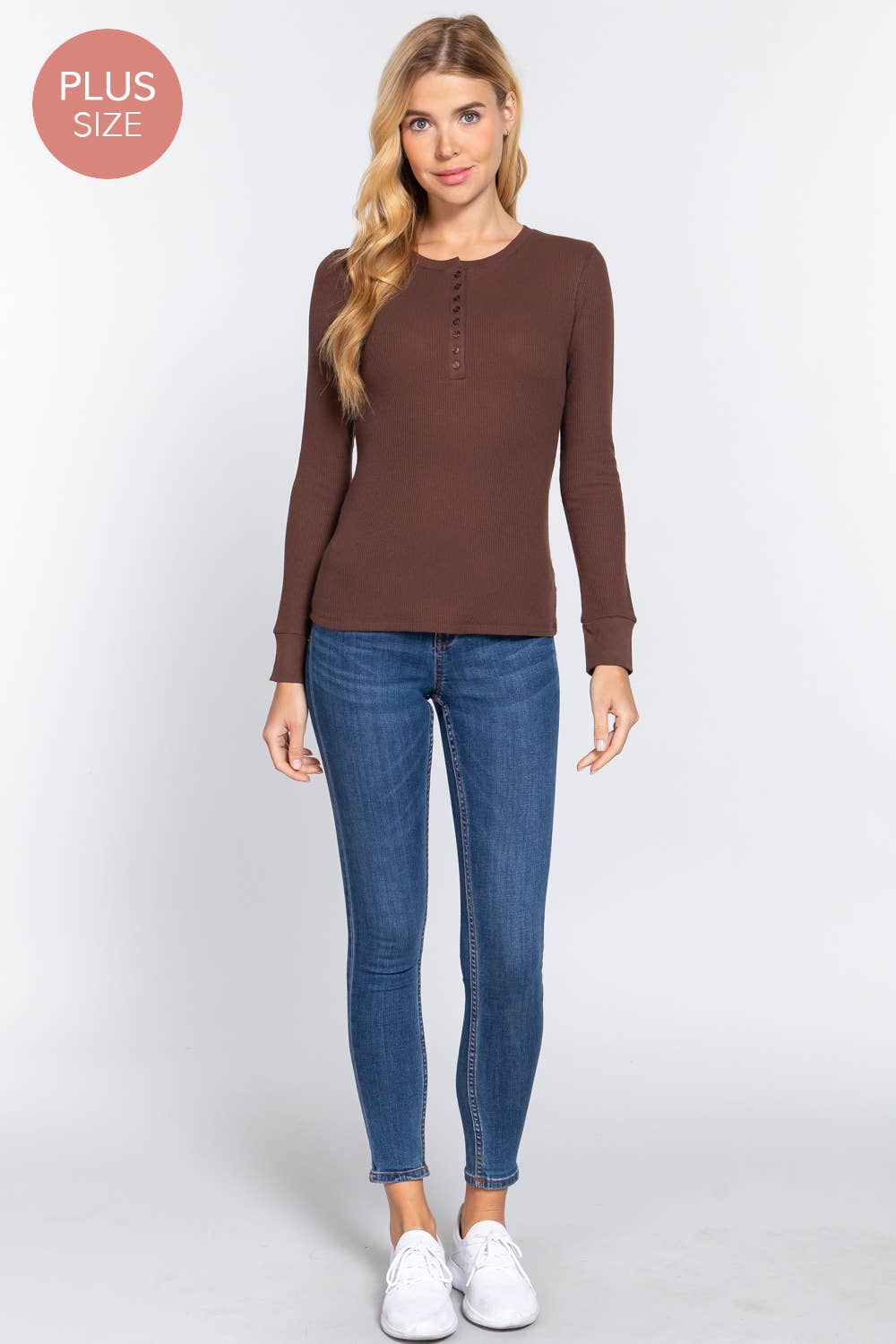 Plus Brown Henley Thermal Knit Top