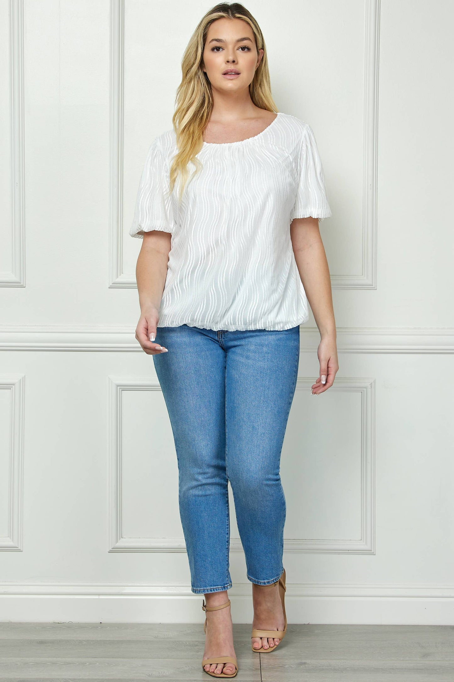 PLUS SIZE WAVE CORD MESH BUBBLE SLEEVE PLEATS TOP