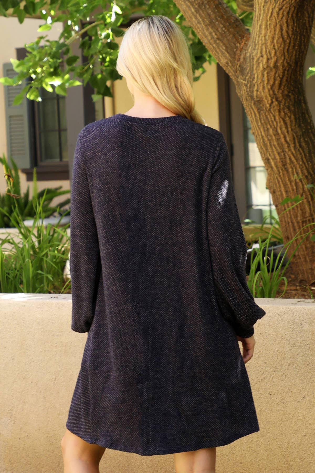 Navy LONG PUFF SLEEVE JACQUARD KNIT DRESS