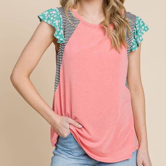 Coral Casual Top with Striped Contrast