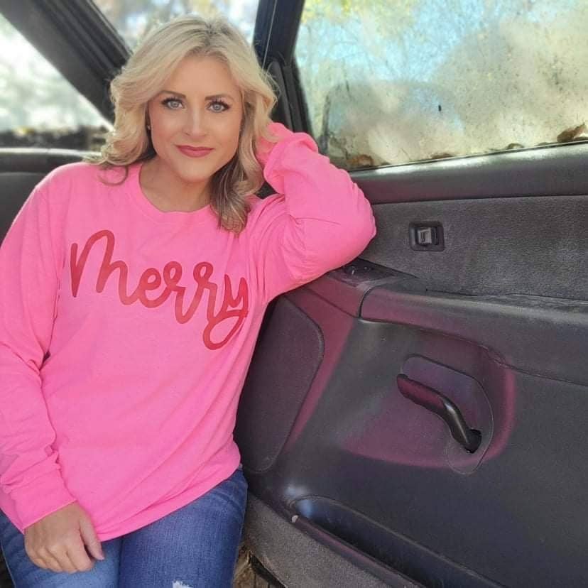 Christmas Neon Pink Merry Script Holiday Grey Graphic Tee