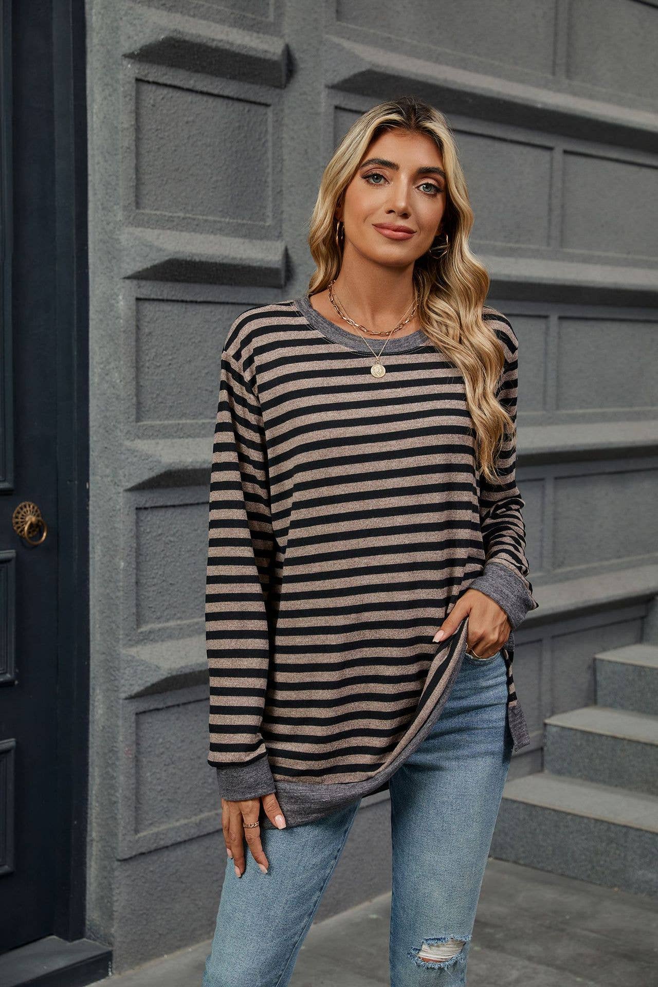 Coffee striped color-blocked slit shirt