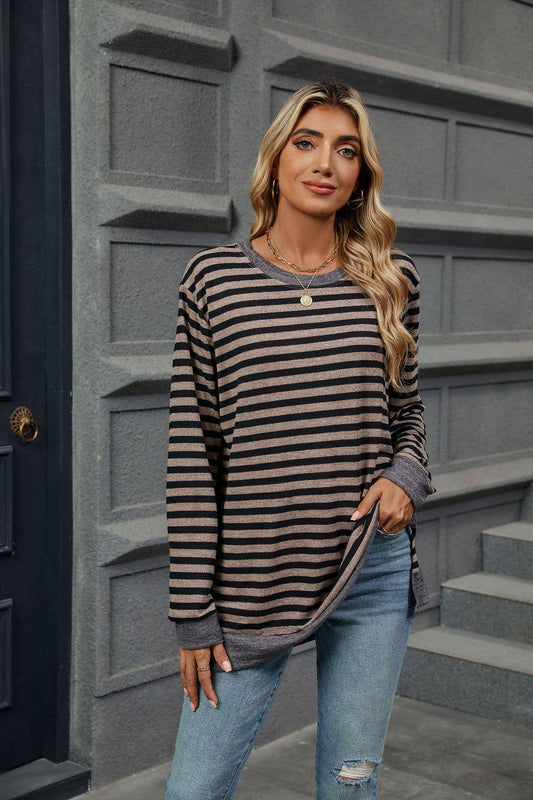 Coffee striped color-blocked slit shirt