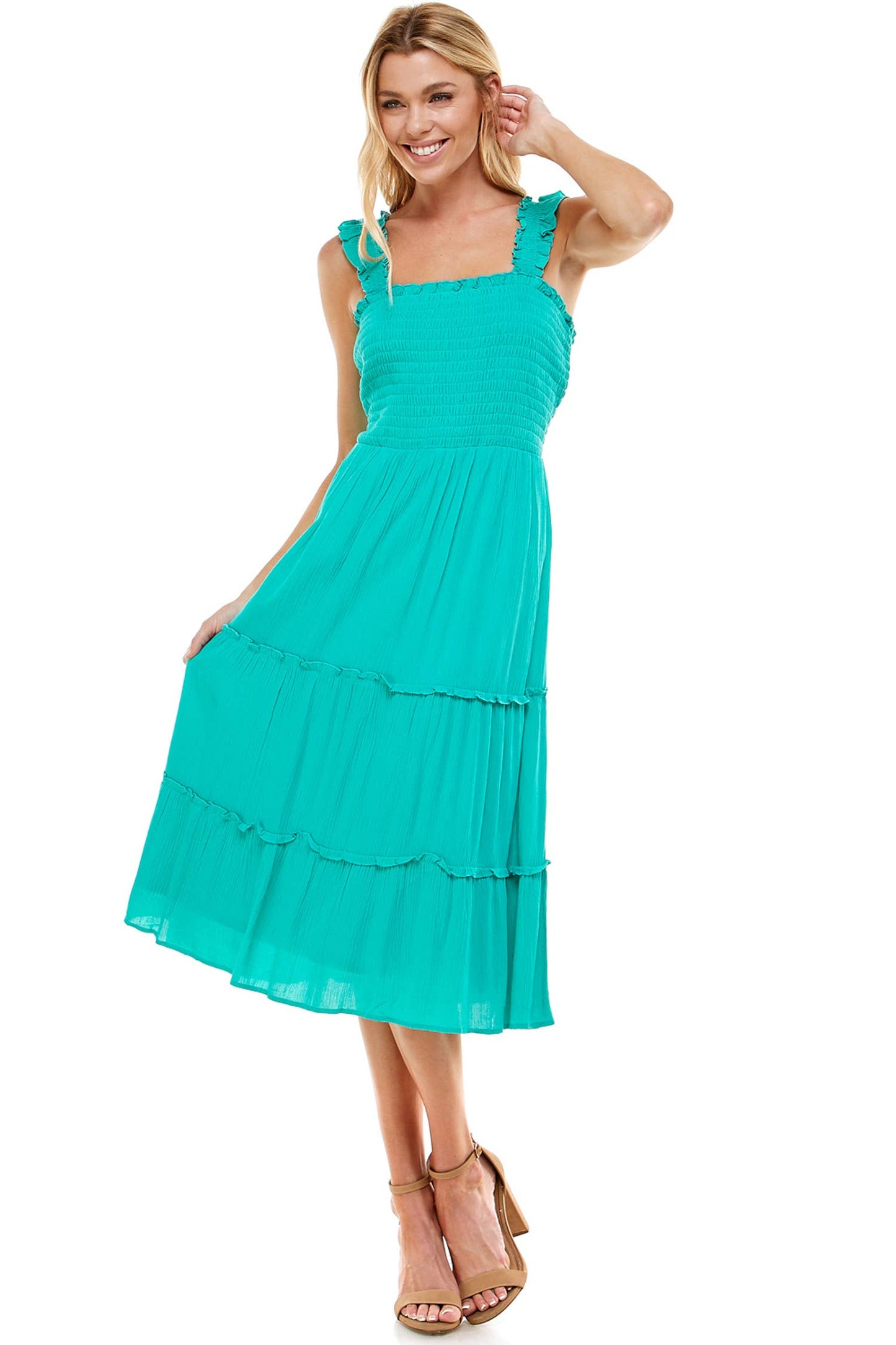 TEAL SMOCKED RUFFLE DRESS