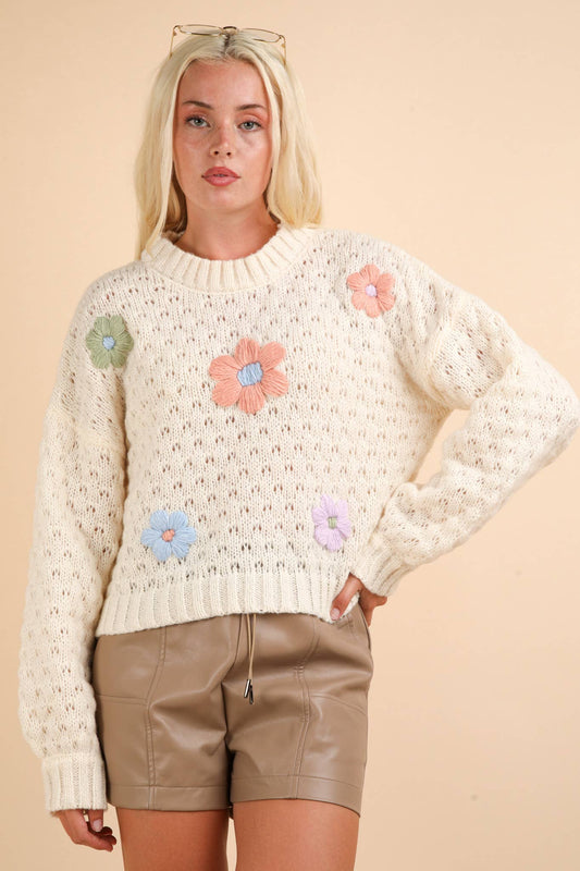 Cream Flower  Sweater Top: