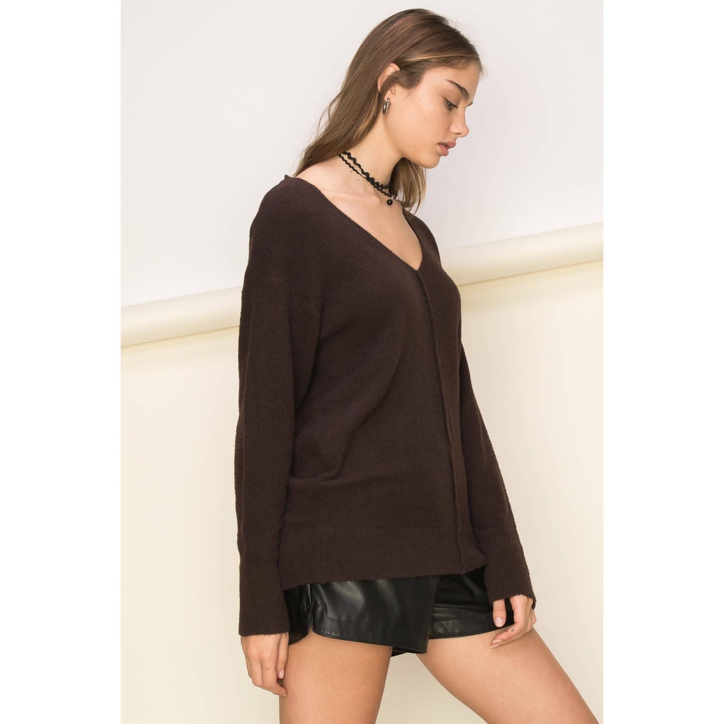 Brown V Neck Long Sleeve Sweater: BROWN SUGAR