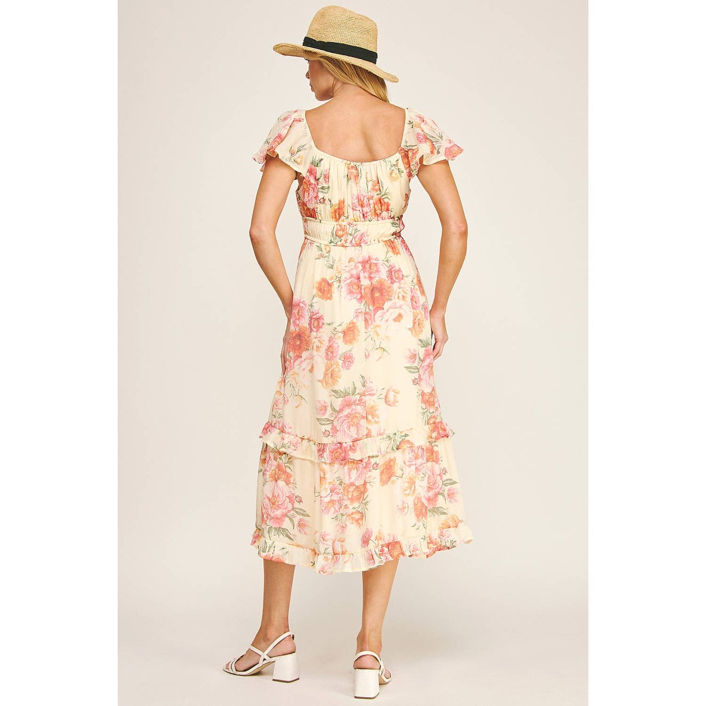 FLUTTER SLEEVE FLORAL TIERED MIDI DRESS